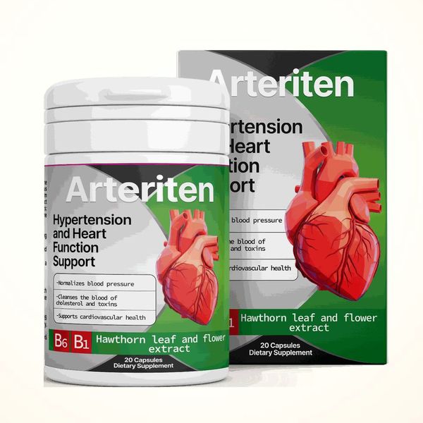 Barattolo e scatola verdi di Arteriten con il cuore rosso in etichetta