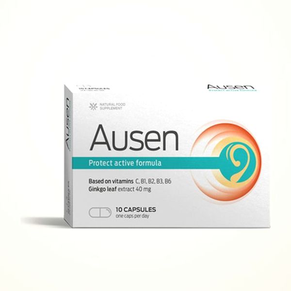 Scatola bianca di Ausen da 10 capsule con il disegno dell'orecchio