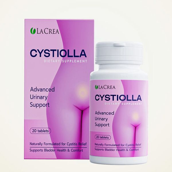 Flacone bianco e scatola lilla di Cystiolla da 20 compresse