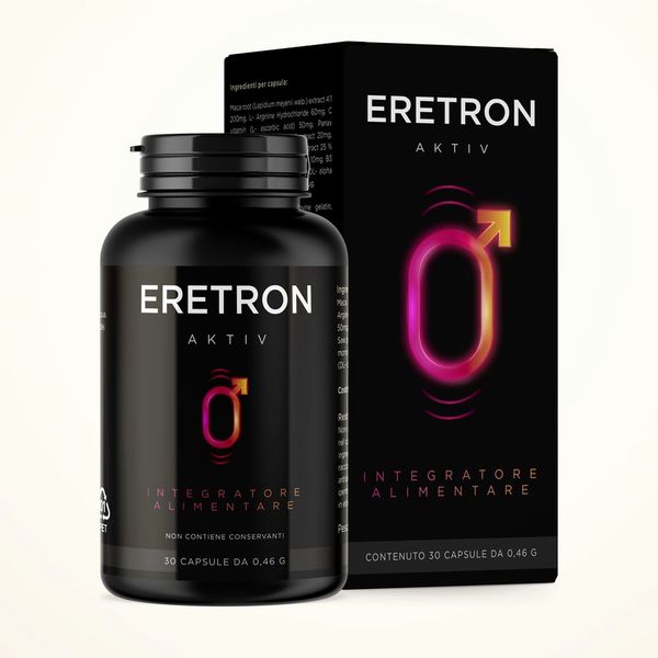 Flacone nero di Eretron Aktiv con la sua scatola