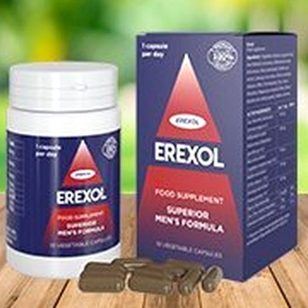 Barattolo bianco e scatola blu di Erexol con capsule davanti