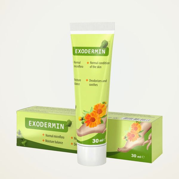 Tubo verde e giallo di Exodermin da 30 ml sopra la sua scatola