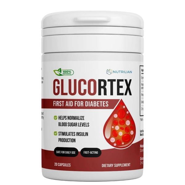 Barattolo bianco e rosso di Glucortex da 20 capsule