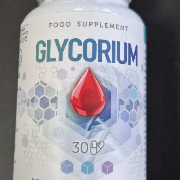 Barattolo bianco di Glycorium con la goccia rossa in etichetta
