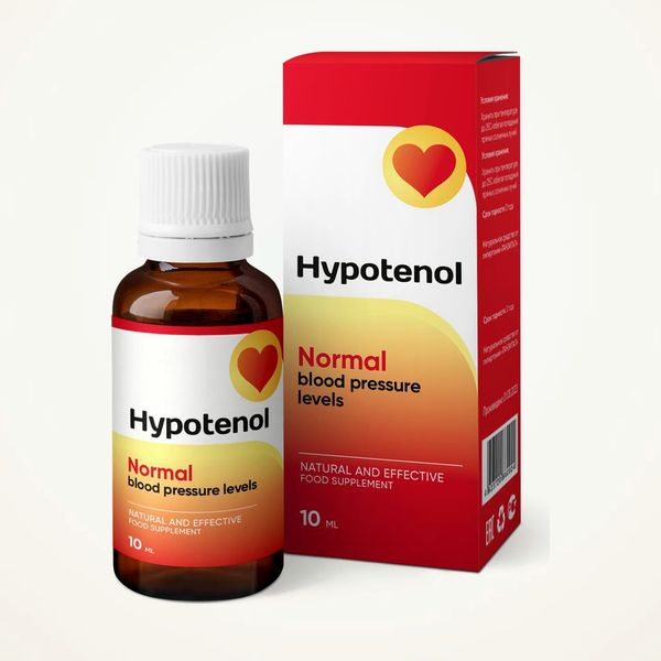 Flacone e scatola rossi e gialli di Hypotenol da 10 ml