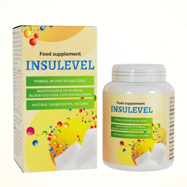 Barattolo e scatola gialla di Insulevel con la scritta Normal blood sugar level