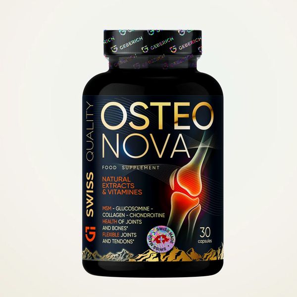 Flacone nero di OsteoNova da 30 capsule con il ginocchio illuminato in etichetta