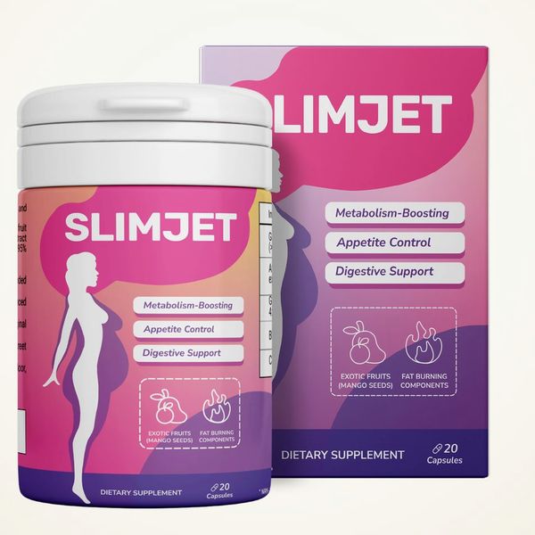 Barattolo e scatola rosa e viola di Slimjet da 20 capsule