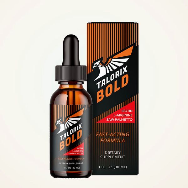 Flacone con contagocce di Talorix Bold da 30 ml e scatola nera e arancione